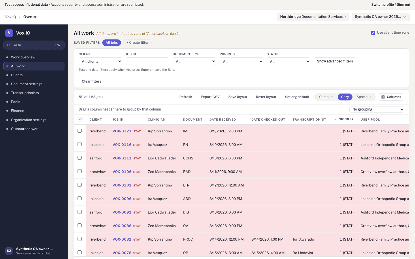 All-work queue with status, client, document type, and production assignments shown using fictional data.